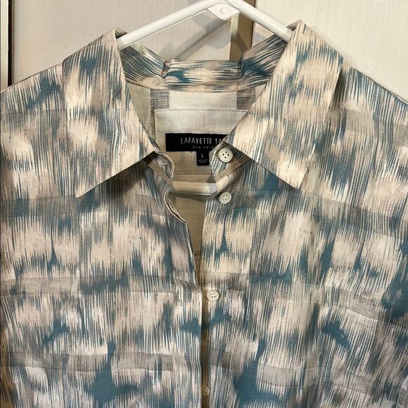 Lafayette 148 100% Cotton Patterned Blue White Button Up Fall Winter Shirt - Picture 3 of 12